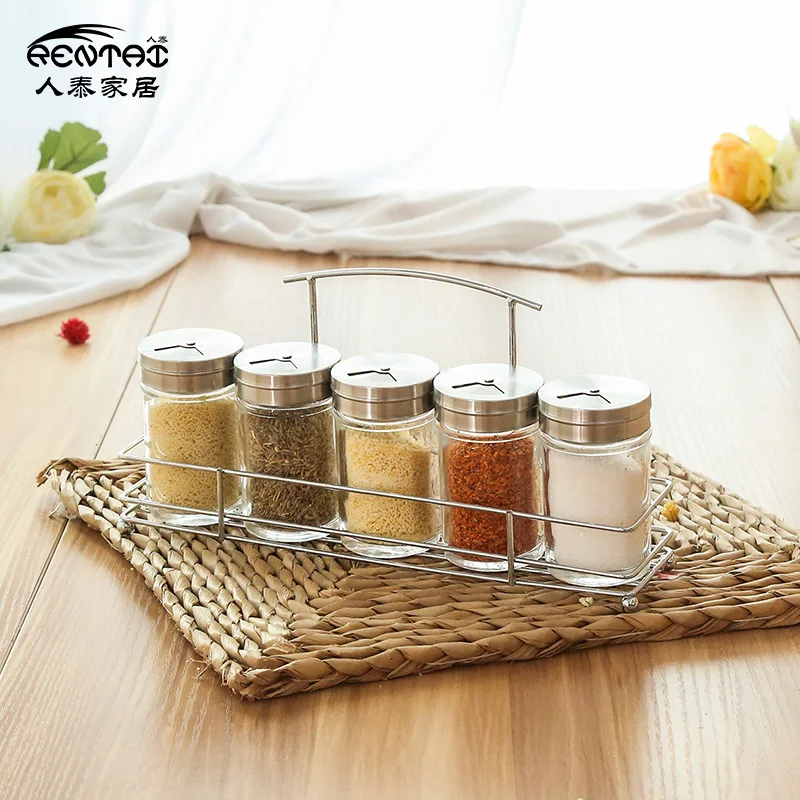 Kitchen supplies glass bottle seasoning box sealed cans sugar and salt seasoning storage set belt shelf