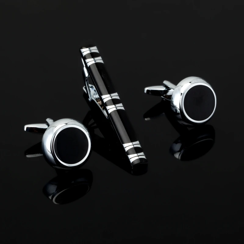 Classic round black enamel Stripe Bussiness Mens Cufflinks Tie Clips Set High Quality Necktie