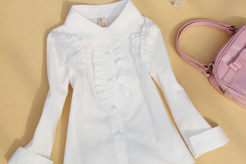 Блузка для девочек коллекция года, Осенняя детская одежда для детей Белая школьная блуза с кружевными вставками для девочек, детская рубашка Блузы для детей возрастом от 2 до 16 лет