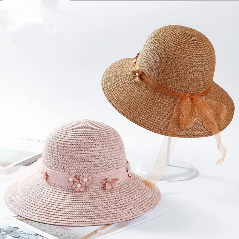 Ozyc صيف جديد المرأة لؤلؤة الدانتيل bowknot الشريط تشفيه سترو قبعة شاطئ قبعات محيط الرأس 5 ألوان