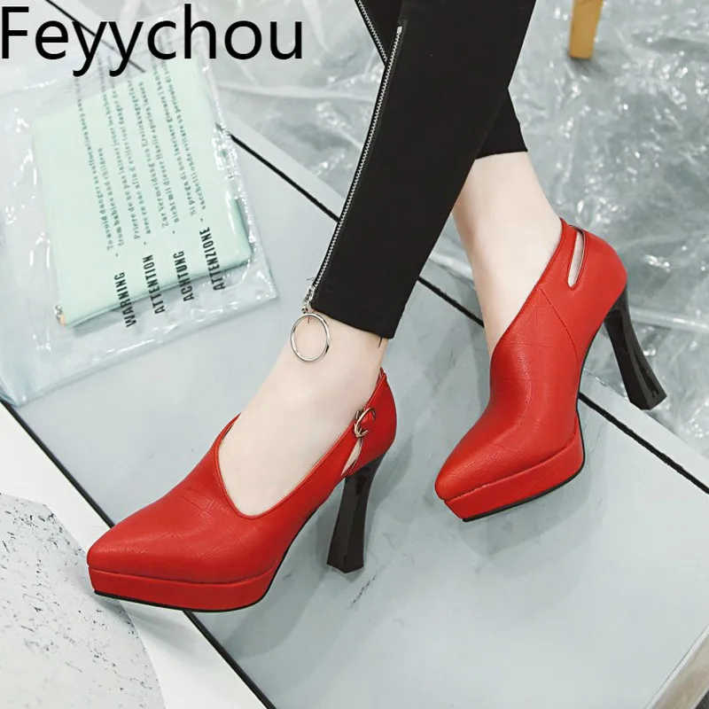 

Women Pumps Super High Heels Pu Thick Heel Platform Pointed Toe Buckle 2019 New Sexy Fashion Spring Autumn Party Wedding Black