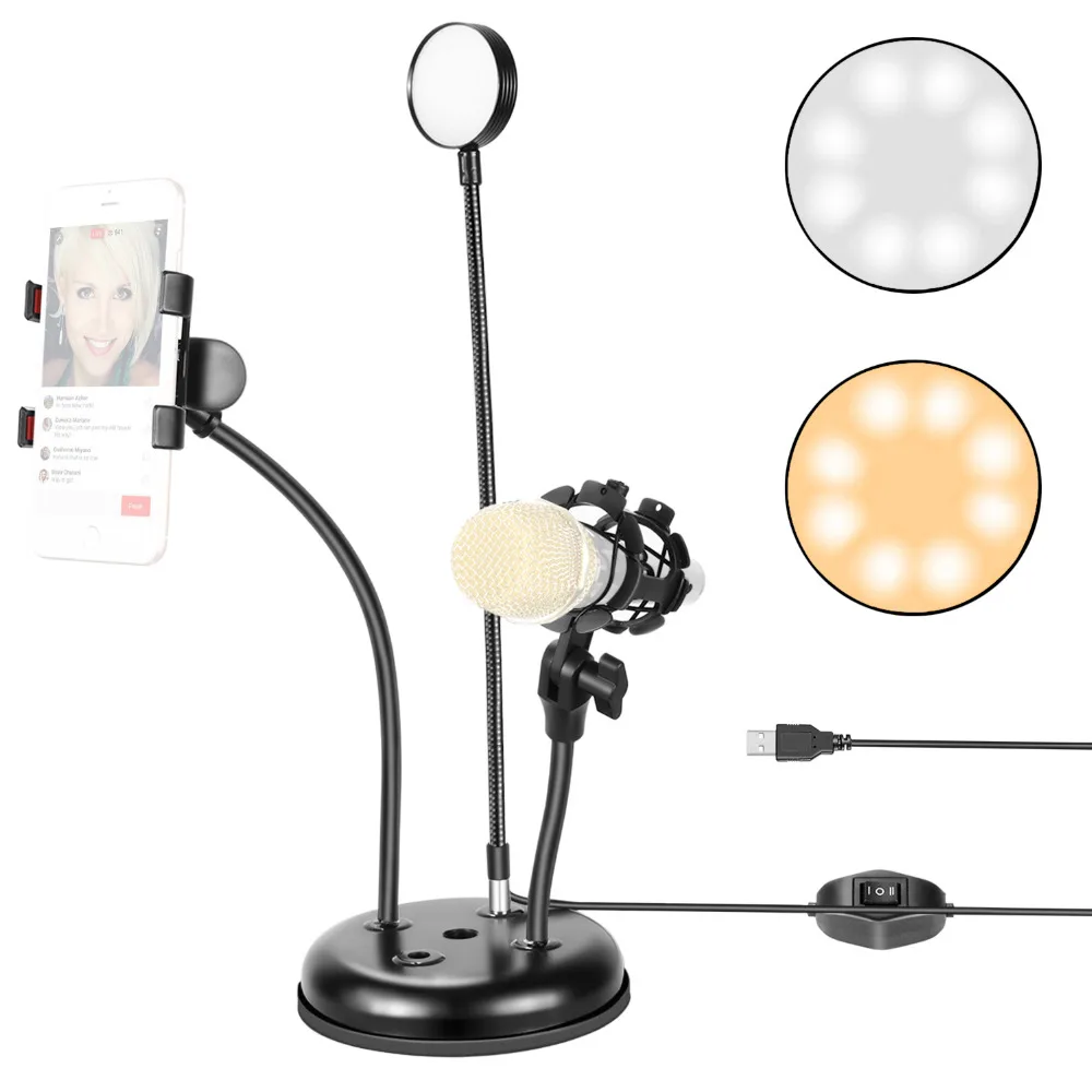 

Neewer Live Broadcast USB LED Selfie Ring Light with Cell Phone and Microphone Holder for Youtube Video,2-Light Mode, 360 Degree