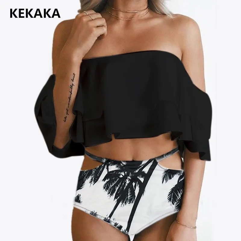 

KEKAKA Bikini 2018 Palm Tree Doubledeck Flounce Swimsuit Push Up Bathing Suit High Waist Swimwear Off Shoulder Swimming Suits