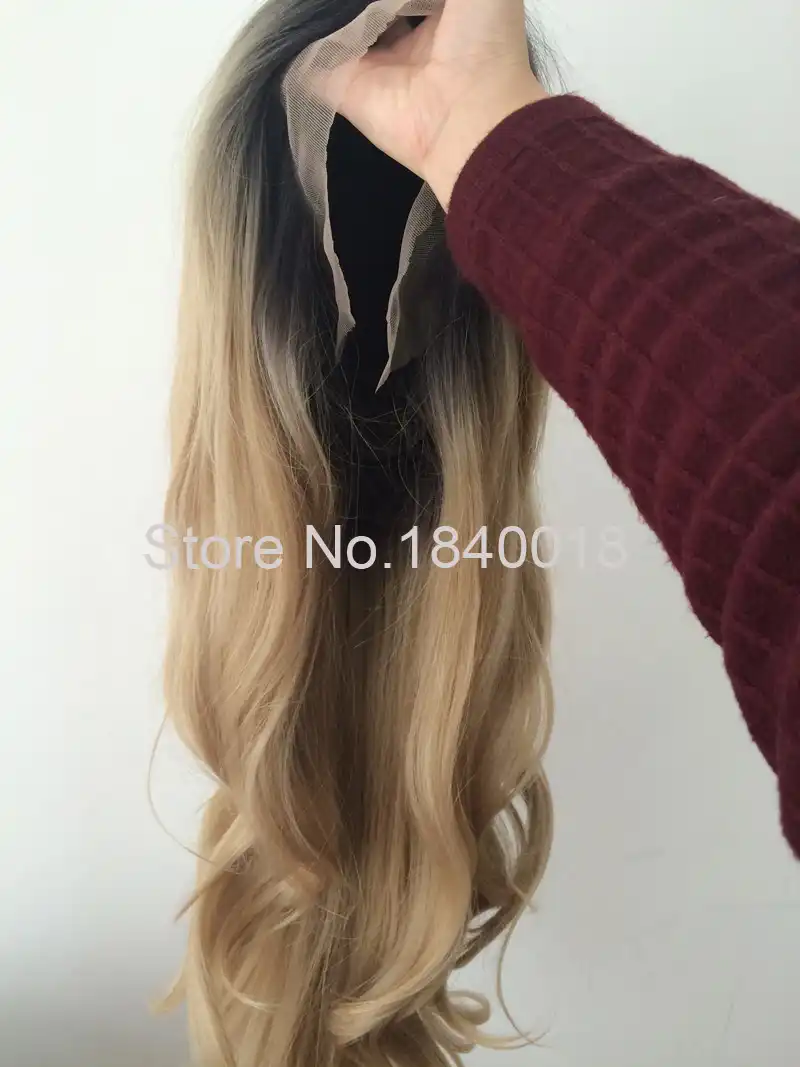 Sylvia Mixed Blonde Ombre Long Body Wave Synthetic Lace Front Wigs With Dark Roots Natural Blonde Heat Resistant Fiber Hair