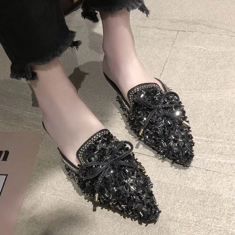 

Solid Flat Slippers for Outside 2019 New Spring Autumn BlingBling Butterfly Knot Women's Shoes Size 35-39 XWT1595