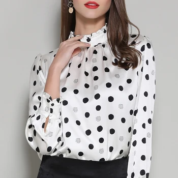 

Bogeda 2019 blouse women fashion new silk blouse black white casual polka dot long sleeve silk blouses plus size office lady top