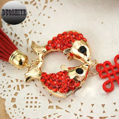 Red double fish Chinese knot Rhinestone Fashion jewelry Keychain present Charms pendant car bag key chain Keyring Chaveiro 3276r | Украшения