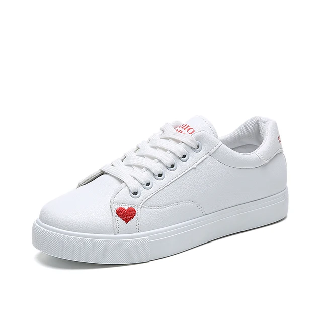 Women White Sneakers Heart PU Leather Shoes Women Casual Flats Lace up ...