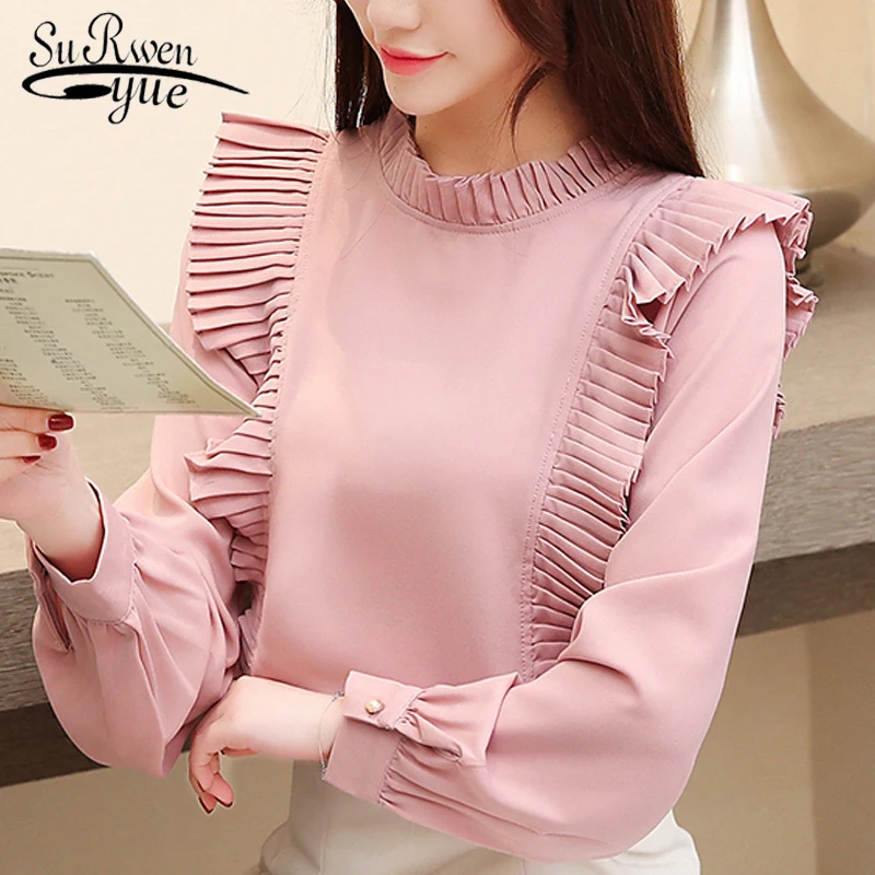 

Fashion women blouses 2019 new long sleeve pink chiffon blouse shirt women shirts ruffled collar womens tops and blouses 2791 50