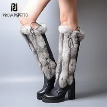 Prova Perfetto/ г.; теплые зимние сапоги; сапоги до колена из натуральной кожи на высоком каблуке и платформе с кроличьим мехом; botas Mujer