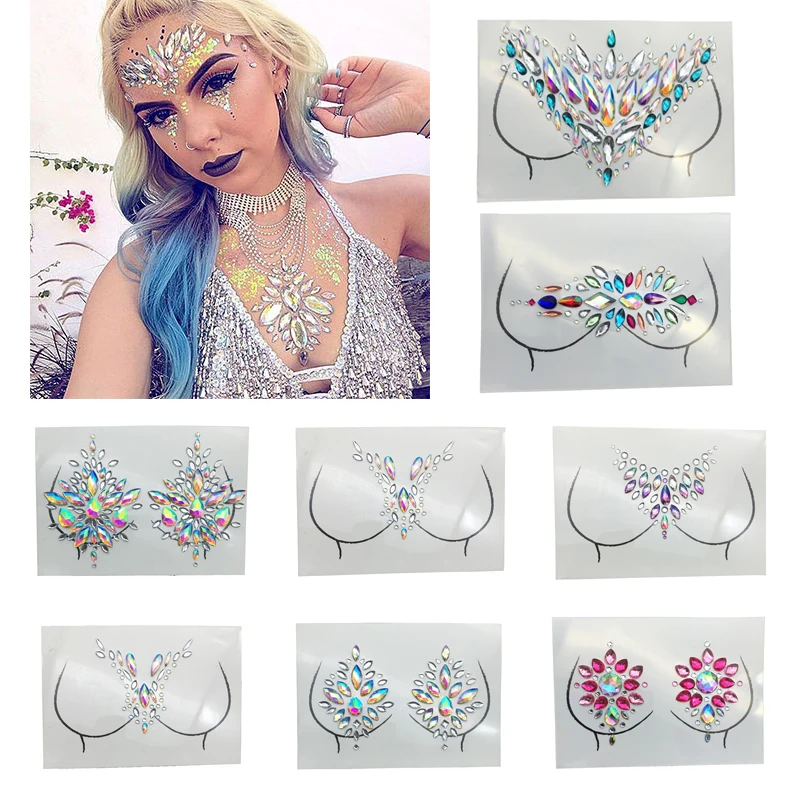 

15 Styles Acrylic Chest Glitter Sticker Makeup Face Boob Jewel Crystal Festival Gems Party Decoration Stickers For Body Art