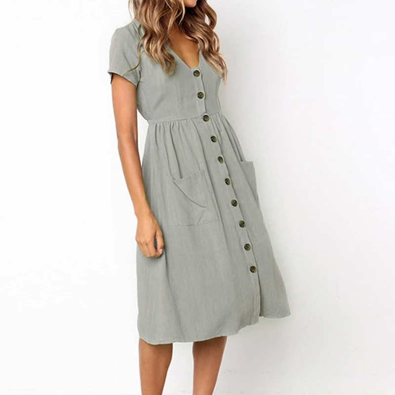 Women's Sexy Summer Dresses 2019 Boho Short Sleeve Button Solid Midi Dress Sundress With Pockets Lady Beach Party Dress Vestidos