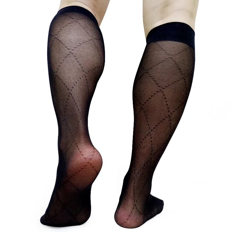 Прозрачные сексуальные деловые носки для мужчин, сексуальные фетиш коллекция, мужские чулки, высокий эластичный рукав с наружной резьбой, черный плед
