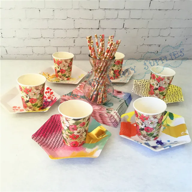 24 sets blush pink flower party supplies tableware paper plates cups flower paper plates and napkins