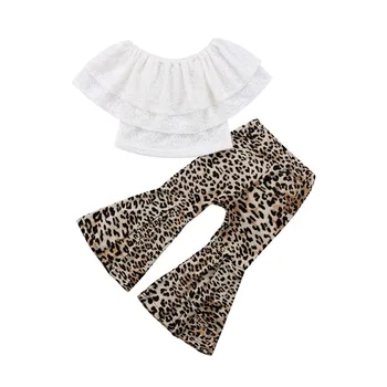 

Kids Baby Girl Clothes off shoulder Ruffle Lace sleeveless pullover Tops Leopard print Flares Trousers 2pc Toddler cotton Outfit