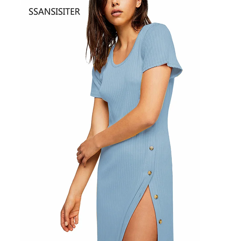 

Bodycon Dress Sexy Women New Summer Dress for Women European Style Fall Dresses Knitted Short Sleeve High Slit Ribbed Dress