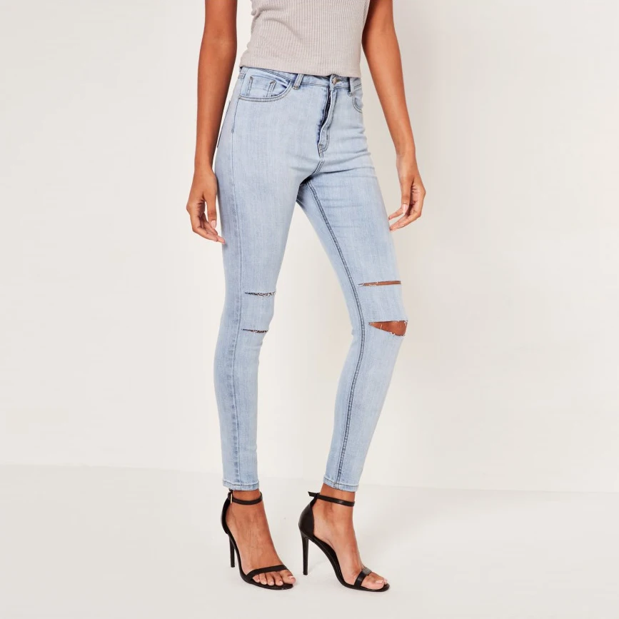 

Light blue washed denim pencil pants women spring ripped skinny jeans ladies chic high waist ankle length damaged trousers