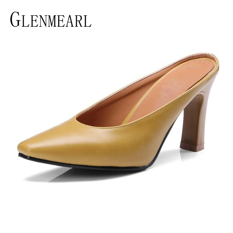 Acheter En cuir Femmes Pantoufles Haute Talons Chaussures Mules Marque Bout Pointu Chaussures D été Femme Noir Épais Talon Pantoufles En Plein Air Plus SizeDE