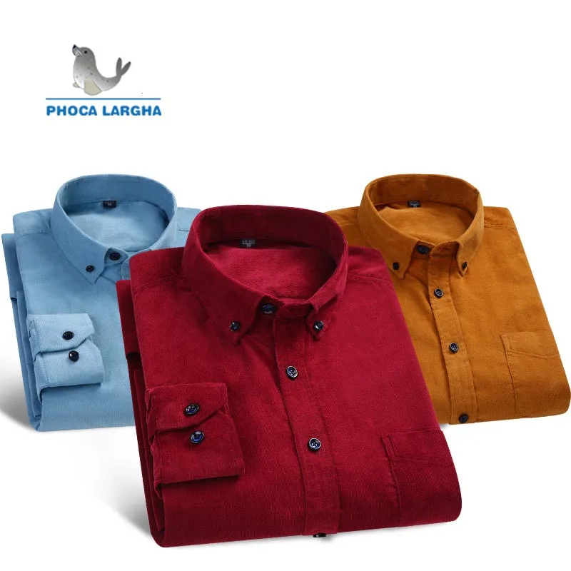 

2019 Long Sleeve Corduroy Shirt Men Casual Slim Fit Mens Button Dress Shirts Brown Formal Business Camisas Plus Size 44 46