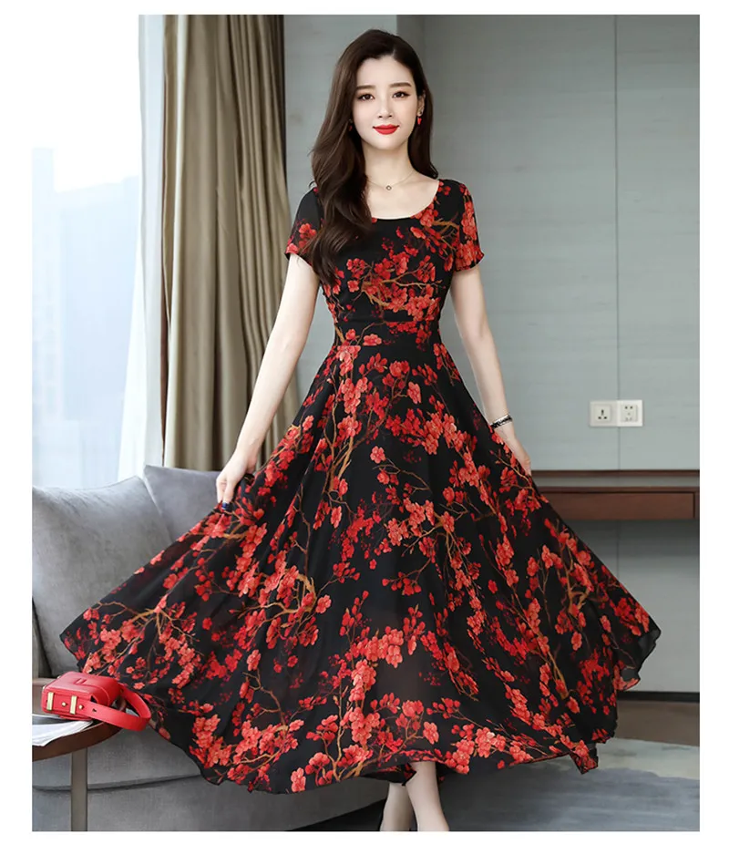 SexeMara Bohemian Style O-Neck Short-Sleeved Printed Temperament Waist Chiffon Long Large Dress 2019 Summer New Style (3)