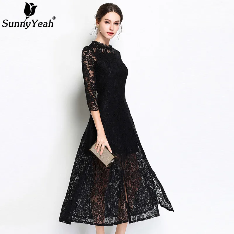 SunnyYeah Лето Черное кружево платье женское 2018 выдалбливают Платья для вечеринок