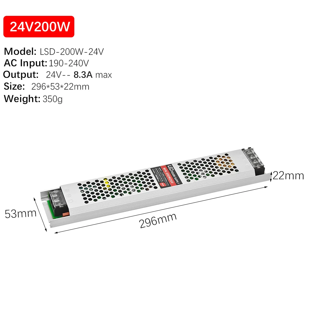 Ультра тонкий DC24V Светодиодный трансформатор 60 Вт 100 Вт 150 Вт 200 Вт 300 Вт Драйвер адаптер питания AC190-240V выключатель питания - Цвет: 24V 200W