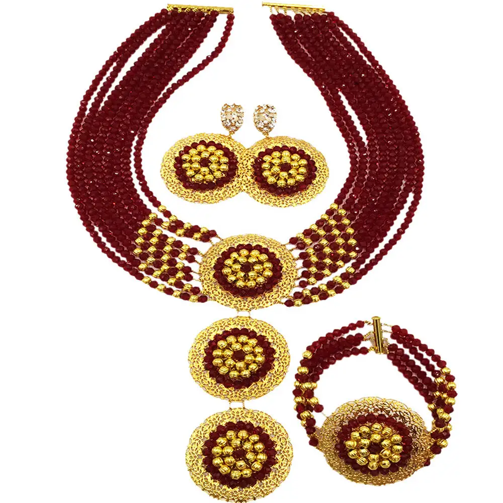 

Fashion Wine Crystal Beaded African Wedding Beads Set Nigerian Necklace Jewelry for Women 8C-3PH019