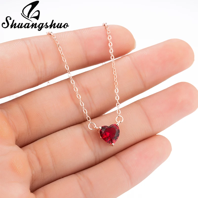 

Shuangshuo Sterling Silver Necklace Women Fashion Collier Cute Tiny Red Heart Pendant Necklace For Women Girls Lady Gifts
