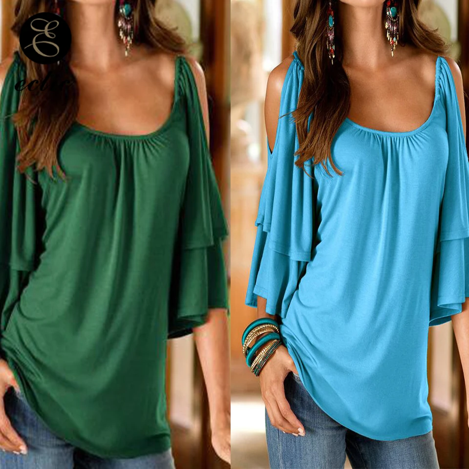 Ruffle Sleeve Top Double Layer Shirt Cold Shoulder Scoop Neck Pleated Milk Silk Slip Hipster T Women Solid Color Xxl|Футболки| |