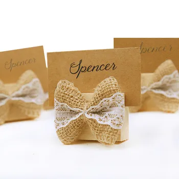 

12PC Bowknot Rustic Wedding Place Card Holder Wooden Table Card Holder Burlap Party Christmas Name Card Holder Favor for Guest