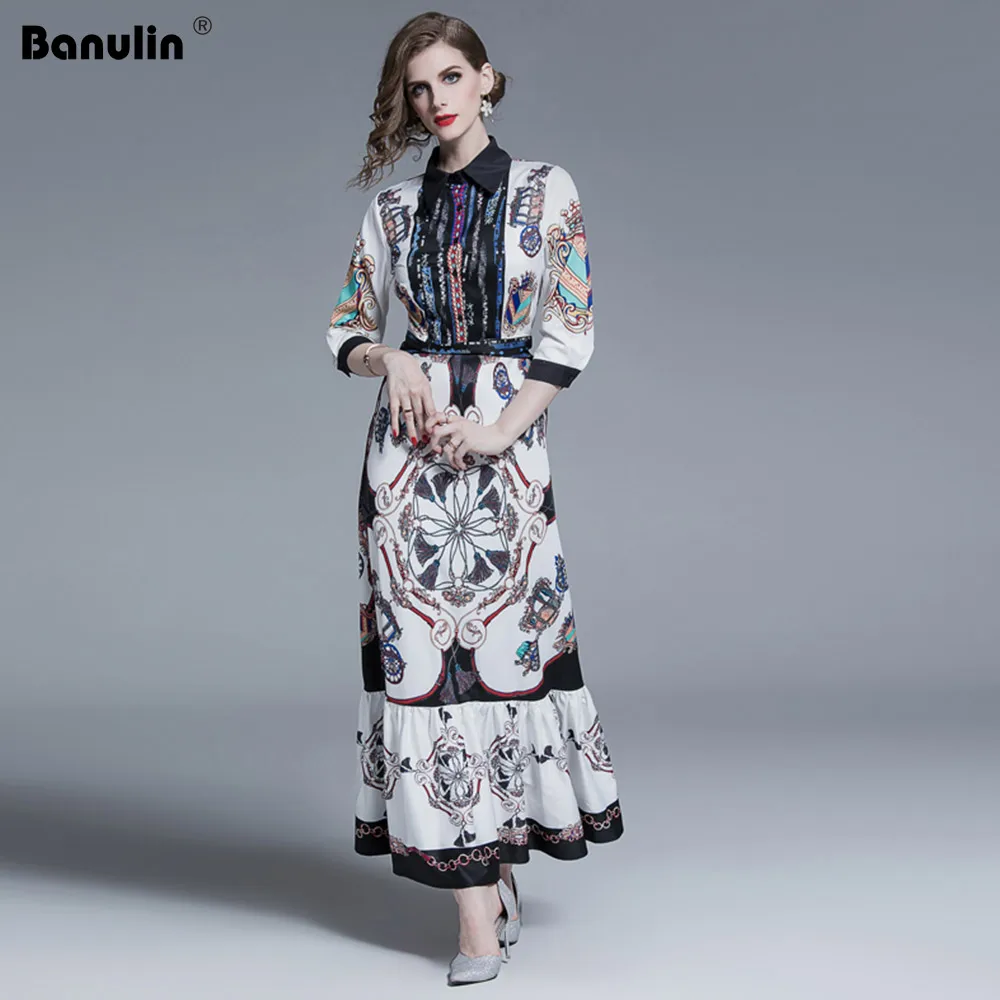 

Banulin New 2019 Fashion Runway Designer Summer Dress Women's Turn Down Collar Floral Print Pleated Vintage Maxi Shirt Dresses