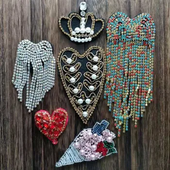 

2pc/lot DIY Ice Cream Crown Heart Patches Embroidery Beaded Crystal Appliqued Bags Garment Accessories Motif Badge Patch TH1392