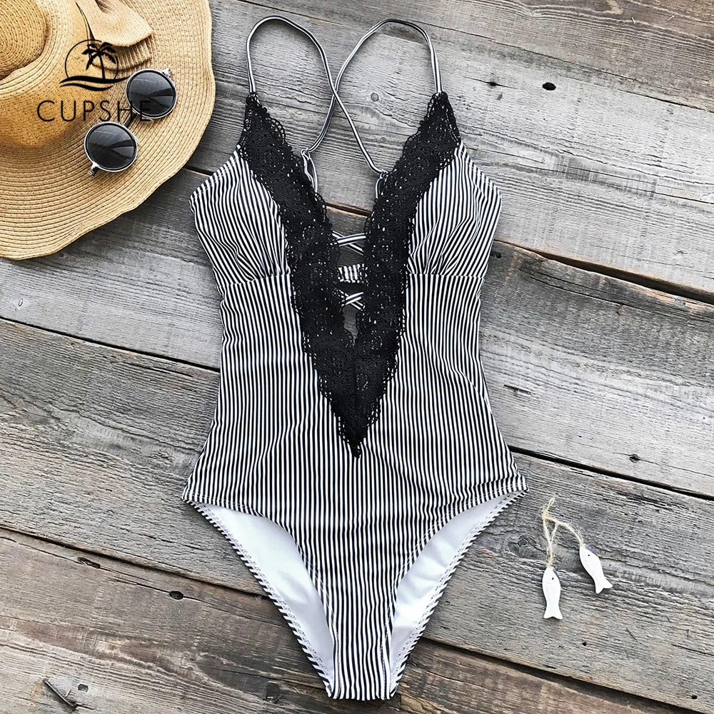 Kaufen CUPSHE Wünschen Sie Gut Spitze einteiliges Badeanzug Ausschnitt Tiefem v ausschnitt Sexy Body Monokini 2020 Damen Strand Bade anzug Bademode