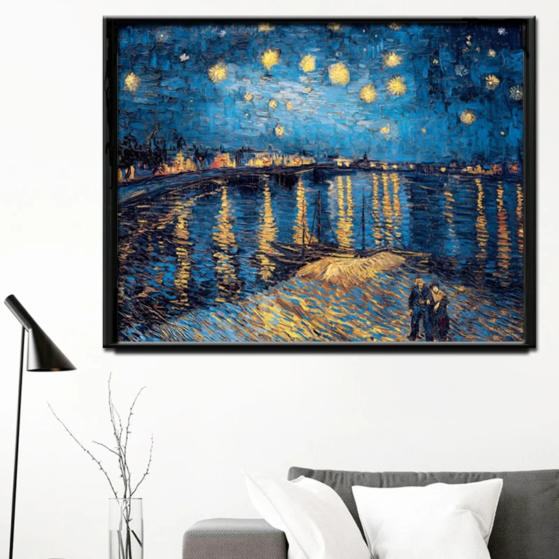 Картина маслом на холсте с изображением звездного неба реки Рон|van gogh|pictures on the