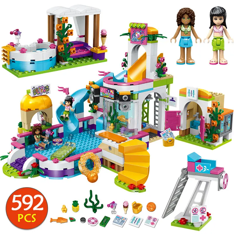 

New Heart Lake Girls Club Summer Pool Legoings friends 41313 Figures City Model Building Block Bricks Diy Toys For Girl Gift