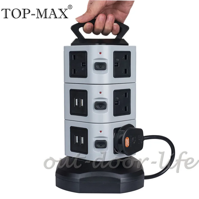 

TOP-MAX 3 Layer Vertical Tower 4 USB Port 10 AC Outlets UK Plug Extension Socket Power Strip Socket With 2M Extension Cable