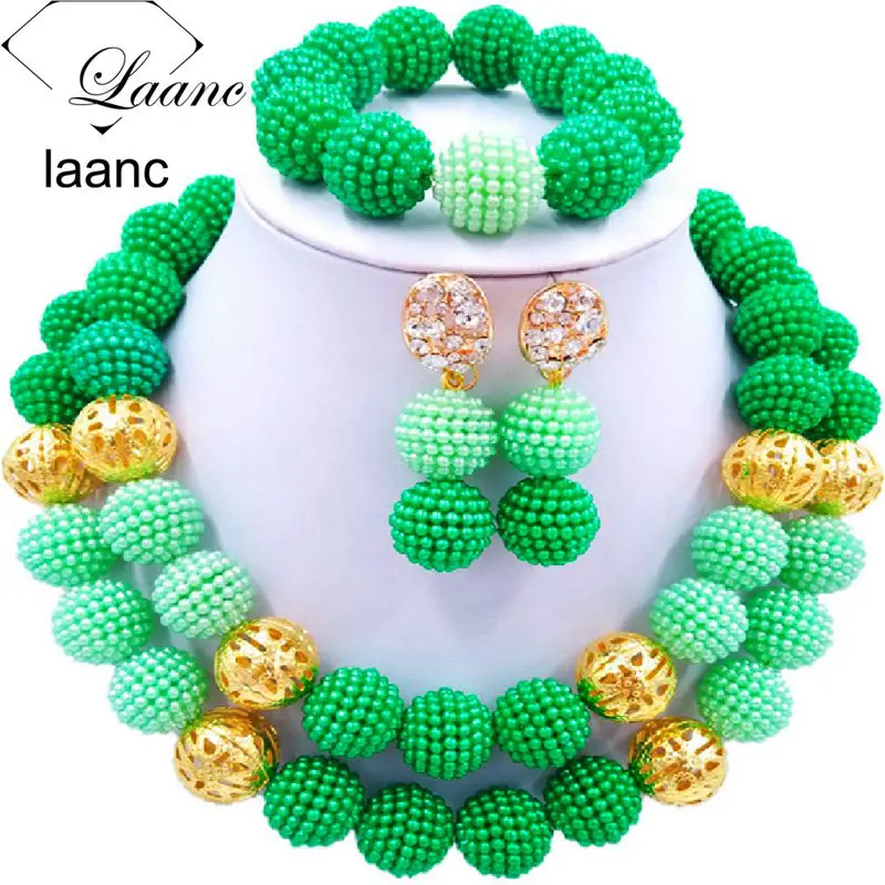 

Laanc Fashion Nigerian Wedding Necklace African Green Beads Jewelry Set for Women SP2R034