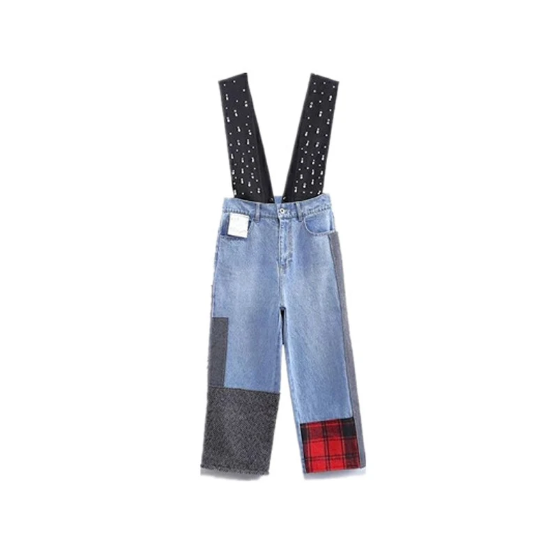 

2019 Summer New Fashion Trend Heavy Work Beaded Stitching Strap Nine Points Wide Leg Jeans Street Hipsters Bib