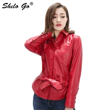 Шило GO кожаная куртка Женская Весенняя мода Овчина натуральная кожа пальто воротник с лацканами красный однобортный пояс с бантом прямой