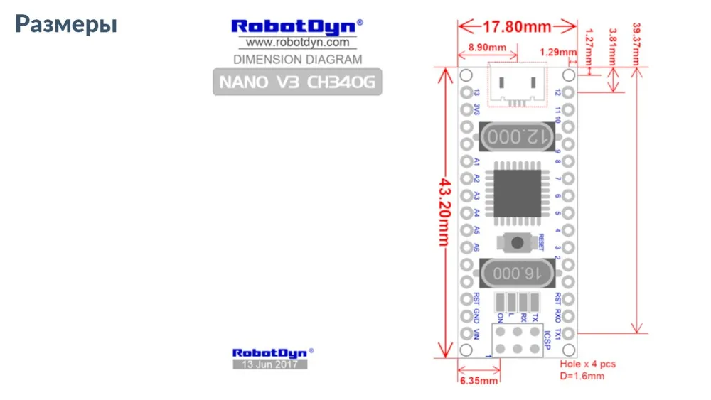 Nano CH340/ATmega328P MicroUSB, колодки припаяны. Compatible for Arduino Nano V3.0