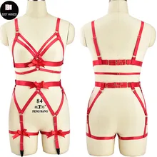 Сексуальный укороченный Топ для женщин клетка бюстгальтер Бюстье пояс с резинками, Фетиш набор ремней для тела рейв красный бант бондаж ремни для нижнего белья пояс