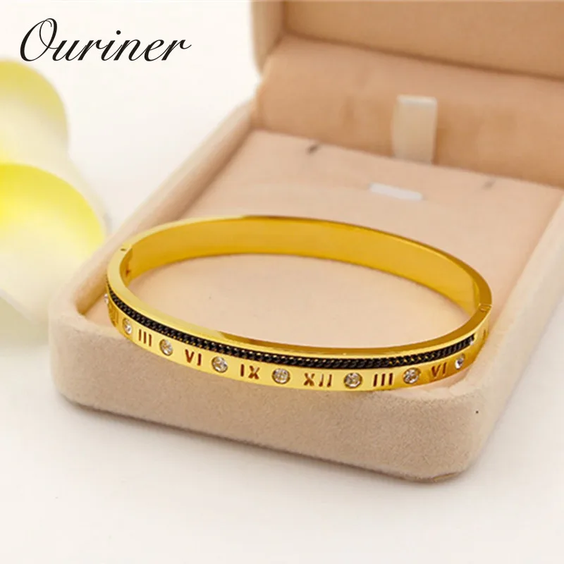 

Brand Design Roman Numerals Zircon Bangles & Bracelets For Women Fashion Luxury Jewelry Love Cuff Black Chain Link Bracelet 94-1