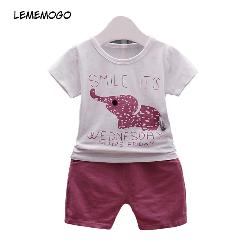 

LEMEMOGO New Cotton Boys Cartoon Suit Girl Summer Baby Clothes Casual For Boy Short T-shirts +Shorts 2Pcs Suit Boy Kids Clothing