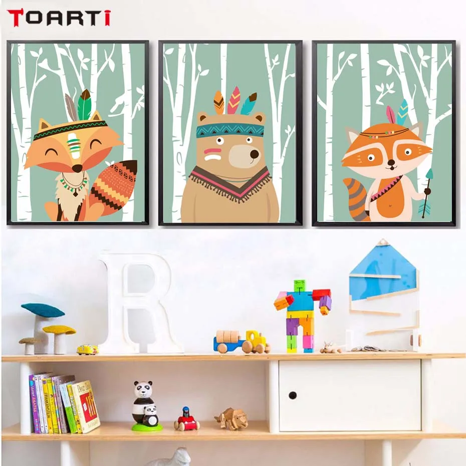 Woodland Fox Cartoon Animals Art Murals Poster&Prints Canvas Painting Kids Bedroom For Christmas Gift Picture Modern Home Decor (1)