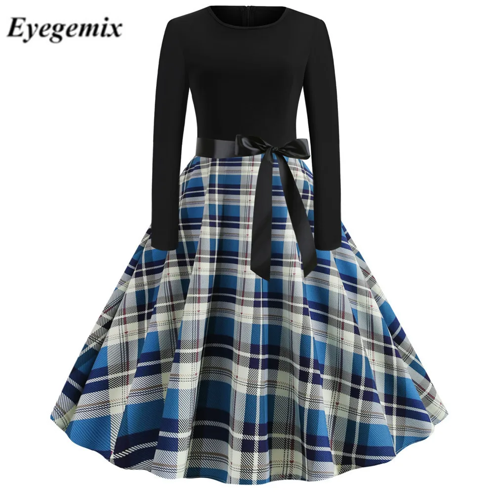 

Plus Size Women's Clothing 2019 Autumn Winter Retro 50 S 60 S Plaid Dress Female Rockabilly Party Clothes Vintage Tunics Dresses