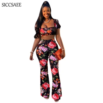 

Flower Floral Print Two Piece Set Crop Top And Pants Matching Sets Palazzo Pants Sexy Casual Outfits For Women Summer Sweat Suit