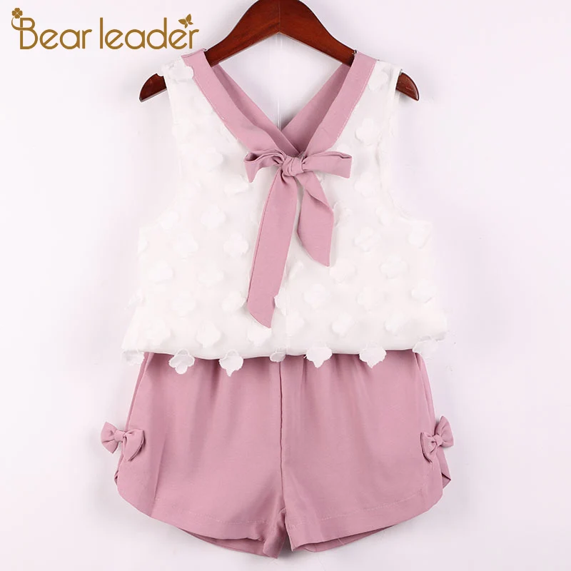 

Bear Leader Girls Clothing Set 2019 Girls Sets Chiffon Mosaic Suit Chiffon Jacquard Top +Bow Shorts 2 pcs Kids Clothes Set
