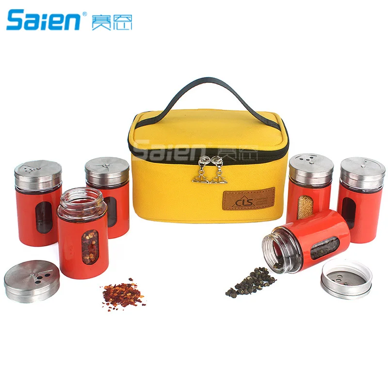 

Portable Glass Spice Shaker Seasoning Dispenser - 6 Pc Set with Rotating Lids and Travel Bag| Spice Jars - Salt and Pepper Shake