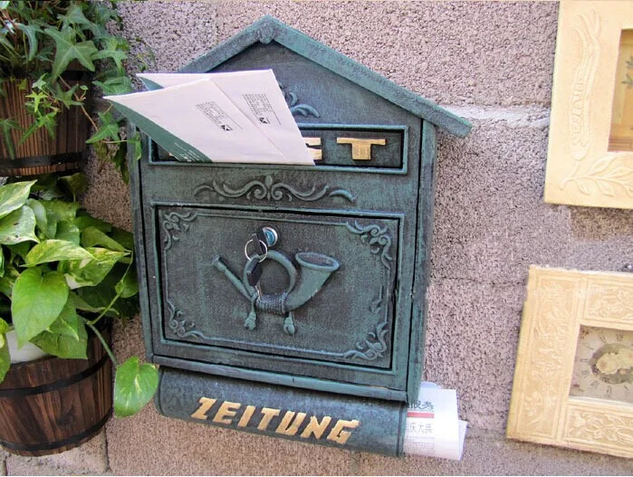 Темно-зеленый большой чугунный почтовый ящик на стену с газетным держателем Zeitung почтовая коробка с буквами Античный Твердый металлический