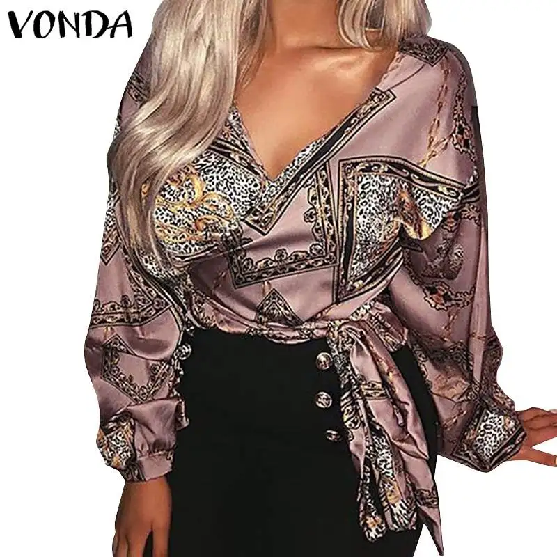 

Women Blouse 2019 VONDA Sexy V Neck Bohemian Printed Blouses And Tops Casual Loose Party Shirt Beach Blusas Plus Size Tunics 5XL